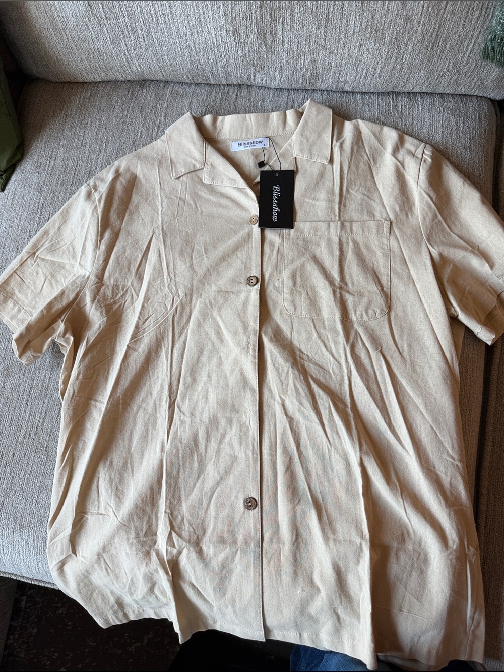 Bliss Beige Short-Sleeve Shirt Jacket with Camp Collar